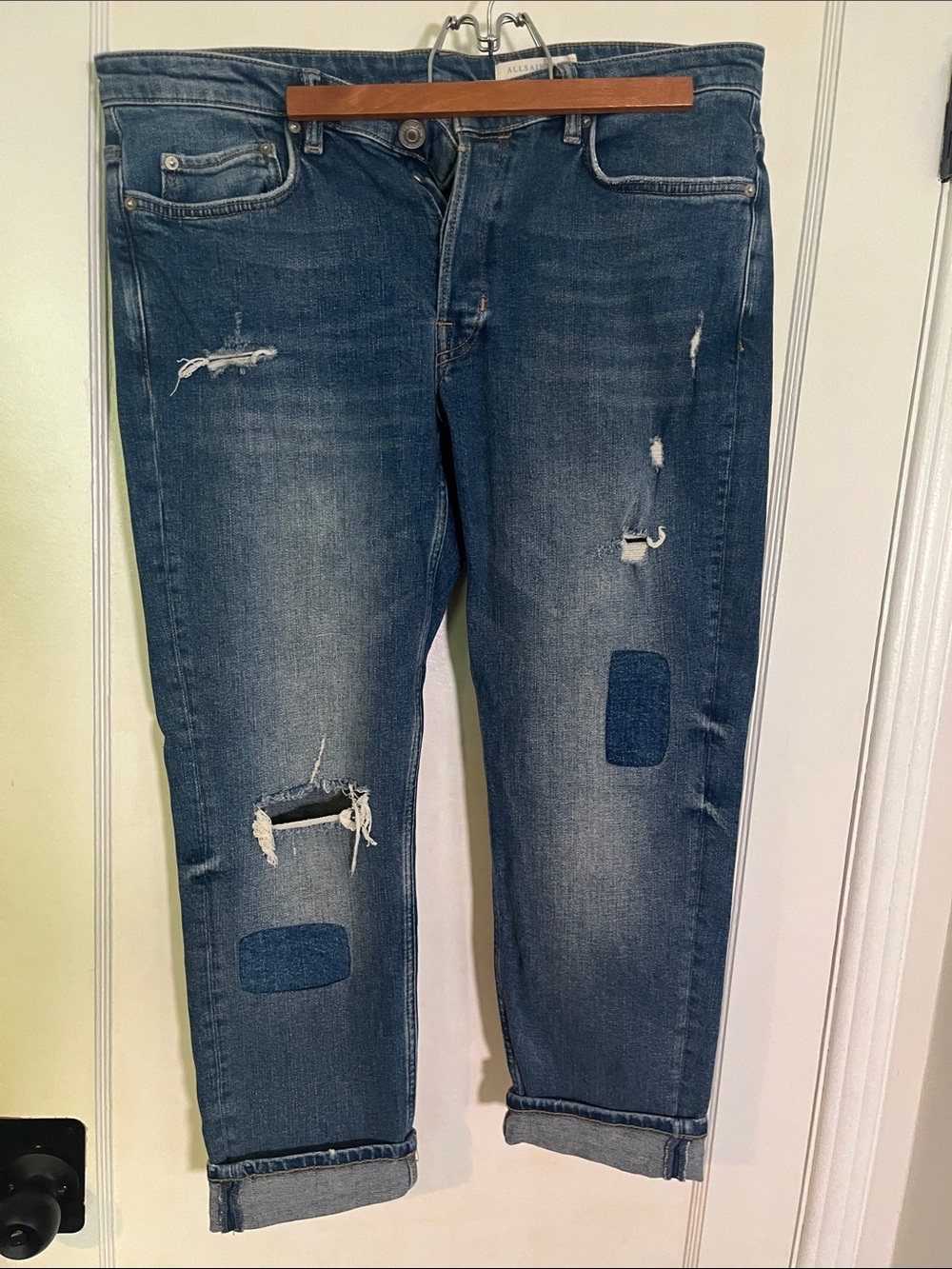 All Saints Distressed Blue Patch Straight-Leg Jeans